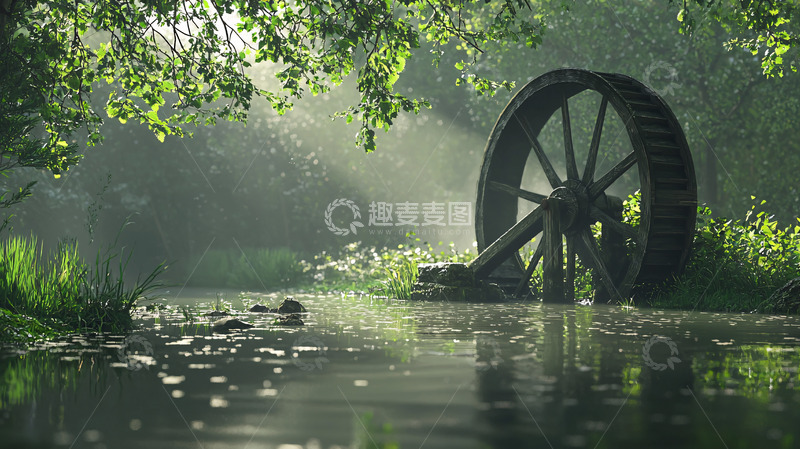 高清大图下载【趣麦麦图】清晨森林水车
