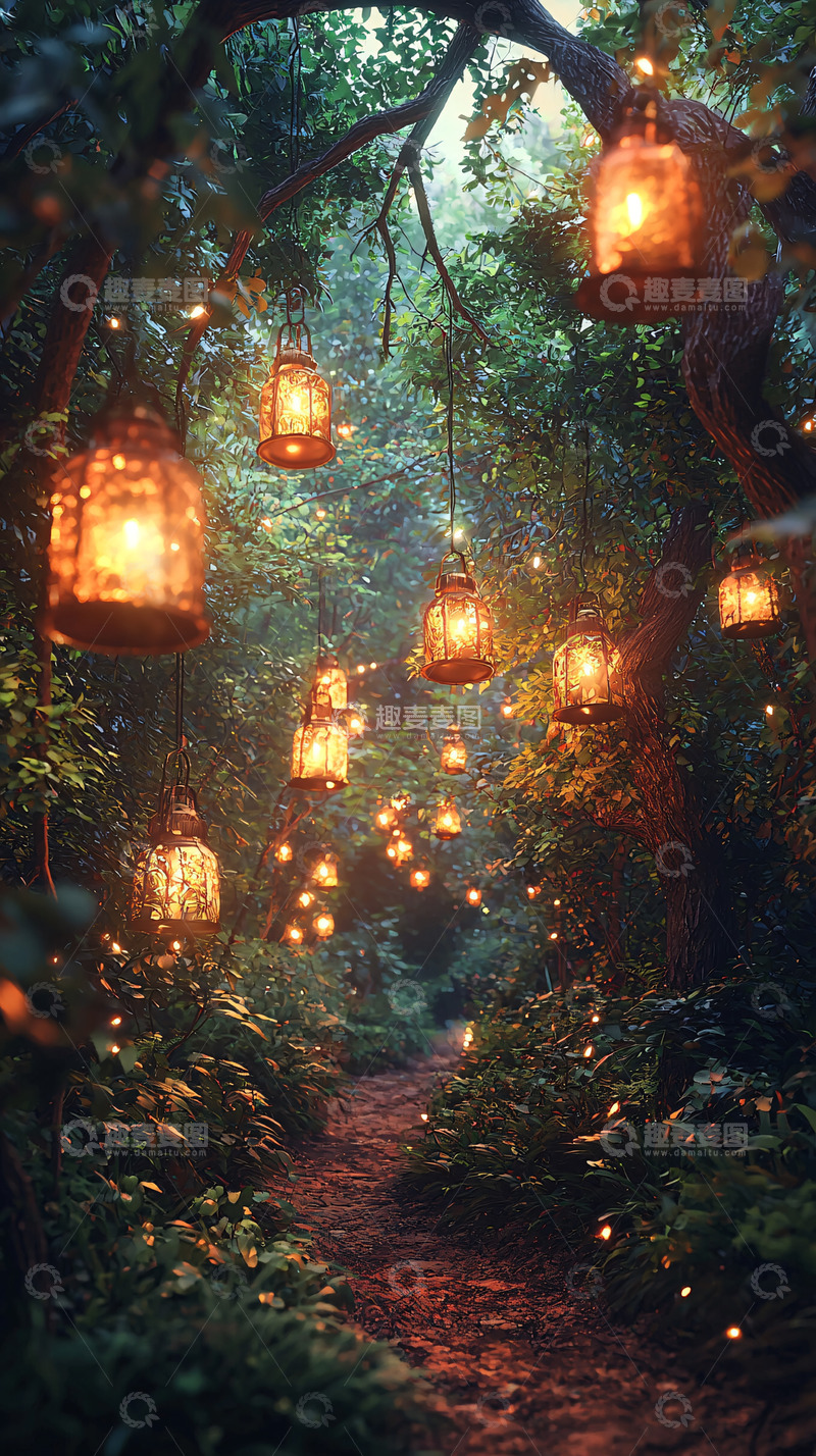 高清大图下载【趣麦麦图】森林小路灯笼
