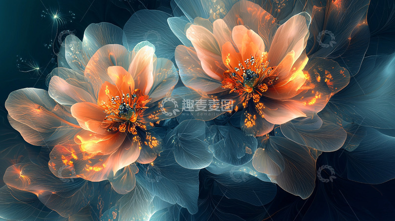 高清大图下载【趣麦麦图】梦幻般发光的蓝色橙色花朵