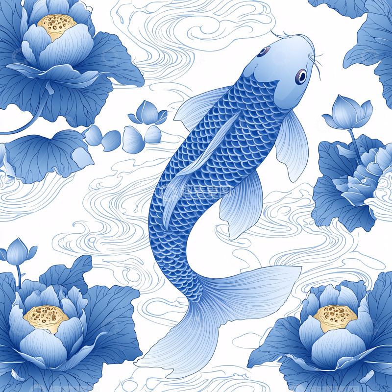 高清大图下载【趣麦麦图】青花瓷鲤鱼莲花祥云图案