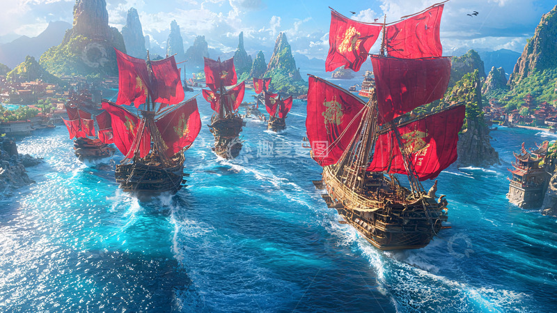 高清大图下载【趣麦麦图】红帆船队航行在碧海蓝天