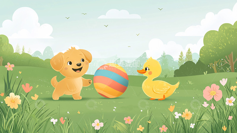 高清大图下载【趣麦麦图】小狗和小鸭玩球