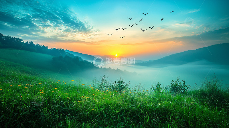 高清大图下载【趣麦麦图】清晨山峦薄雾鸟群日出