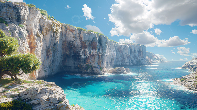 高清大图下载【趣麦麦图】阳光下的海边悬崖