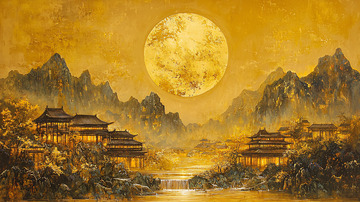 金色山水间的明月夜