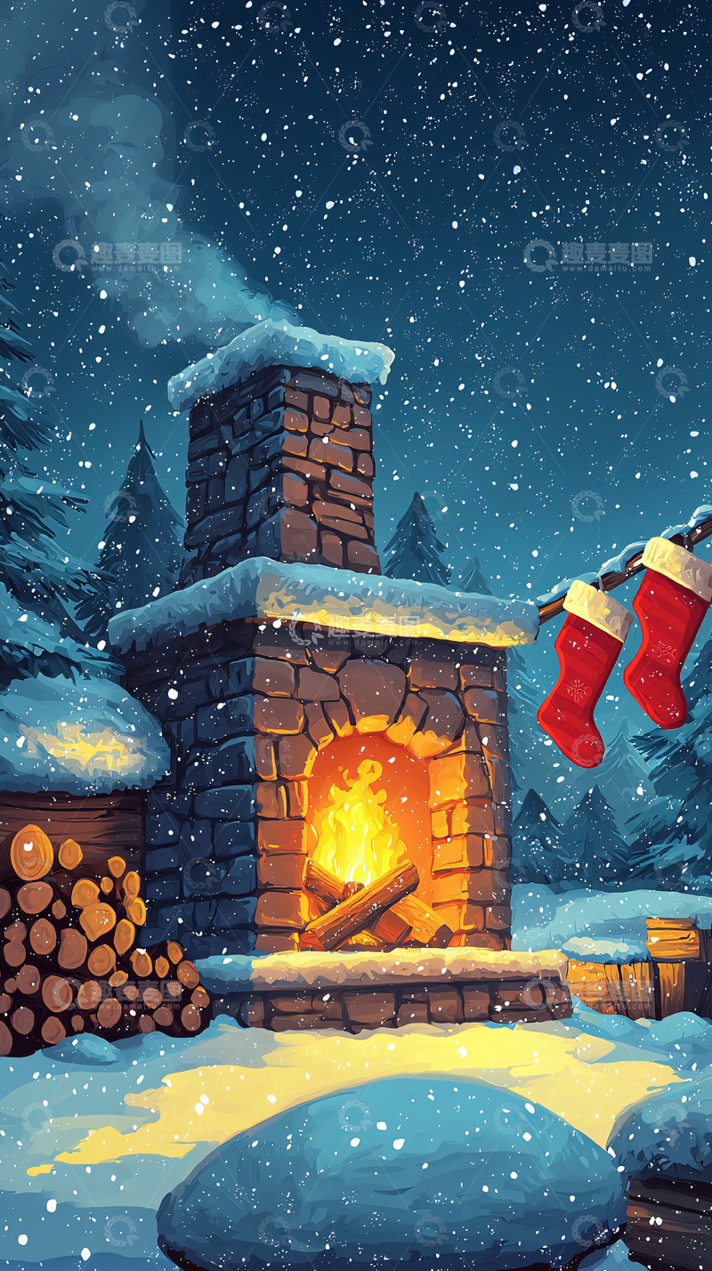 高清大图下载【趣麦麦图】壁炉旁的圣诞夜