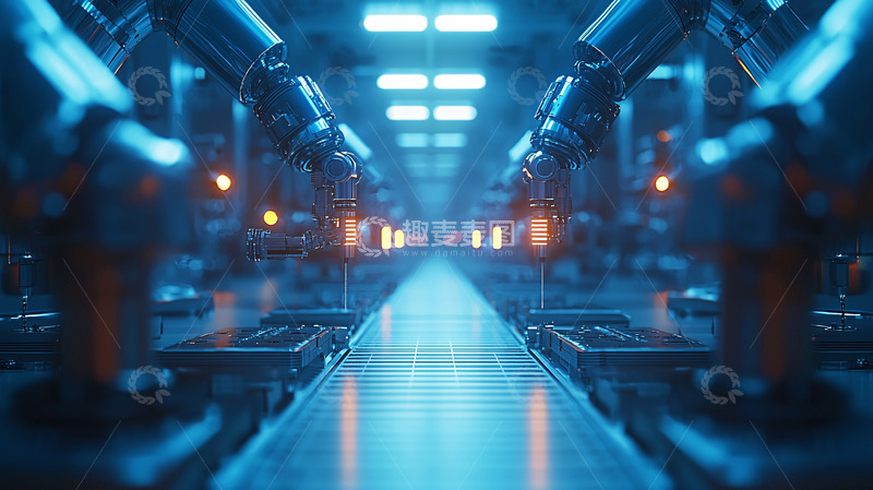 高清大图下载【趣麦麦图】蓝色灯光下的自动化生产线