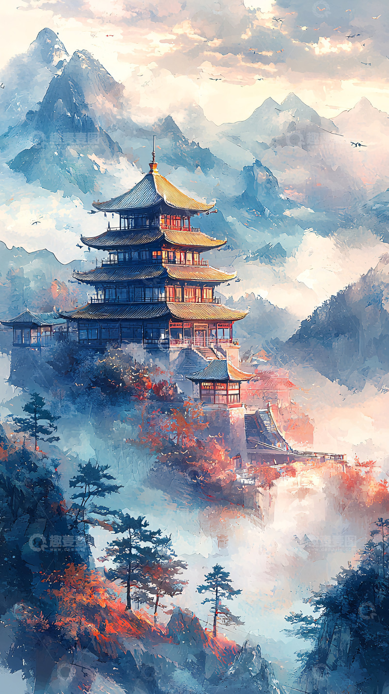 高清大图下载【趣麦麦图】山间古塔水墨画