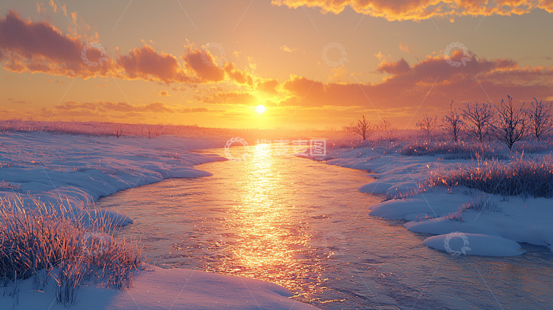 高清大图下载【趣麦麦图】冬日夕阳下的雪景河流