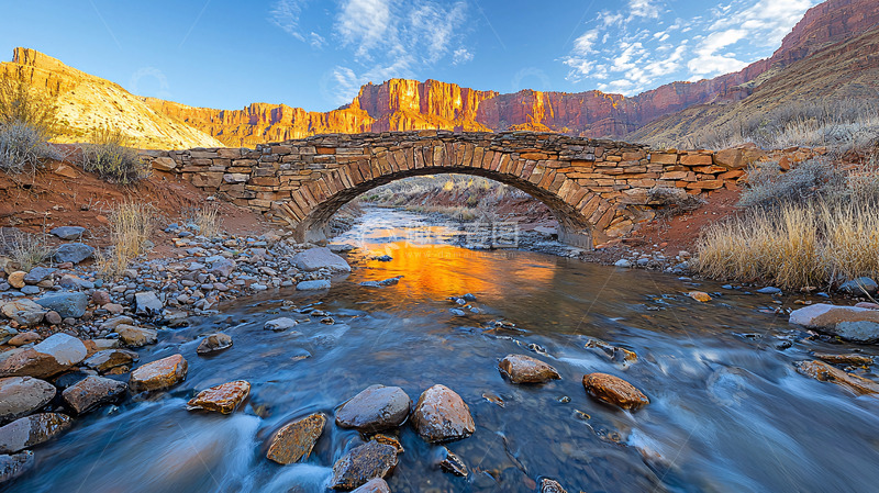 高清大图下载【趣麦麦图】石桥流水映落日余晖