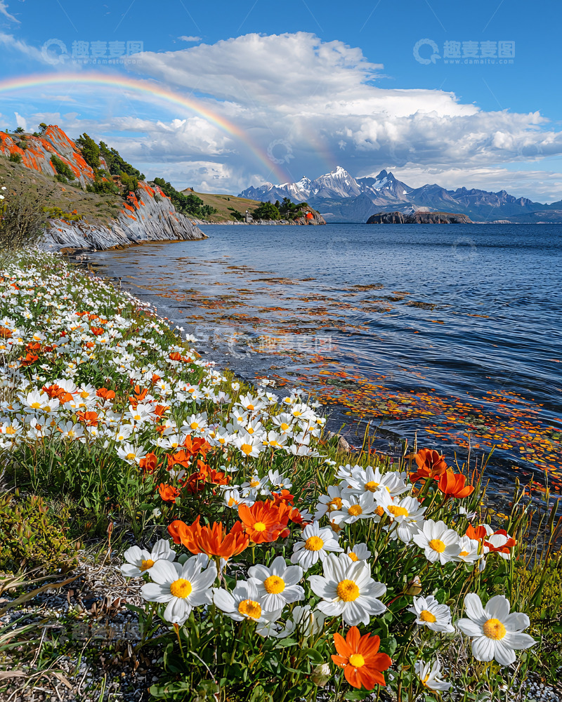 高清大图下载【趣麦麦图】海边花朵彩虹雪山风景