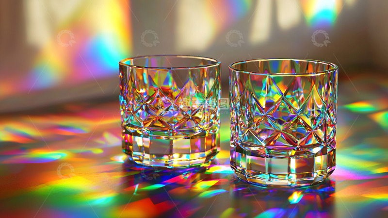 高清大图下载【趣麦麦图】彩虹光影下的水晶杯