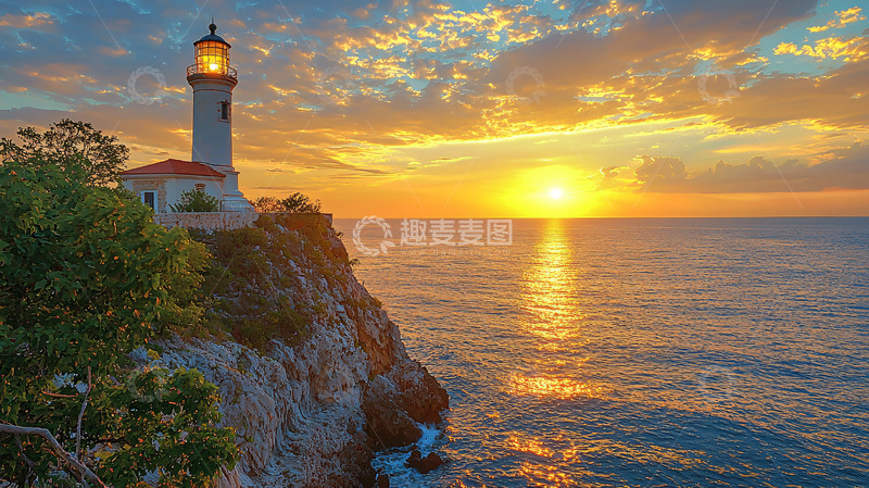 高清大图下载【趣麦麦图】日出海景灯塔