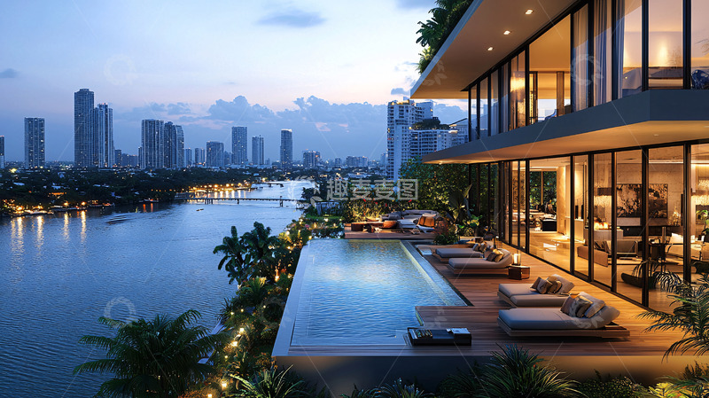 高清大图下载【趣麦麦图】城市天际线傍晚的豪华泳池别墅