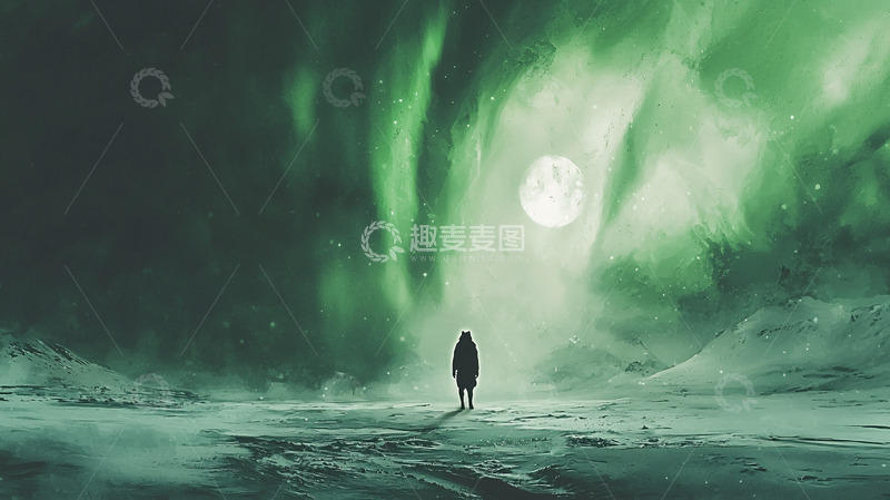 高清大图下载【趣麦麦图】极光下的孤独身影