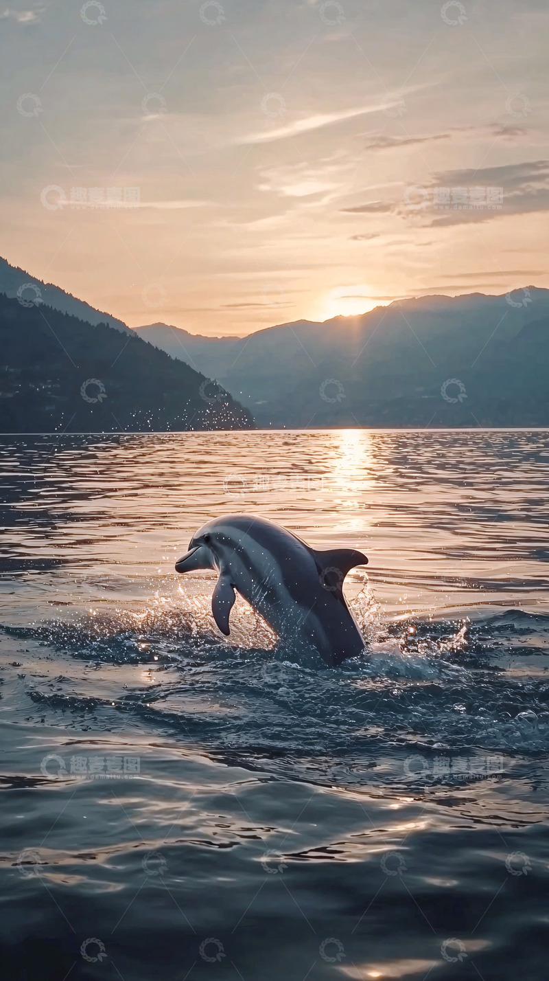 高清大图下载【趣麦麦图】海豚跃出水面日落美景