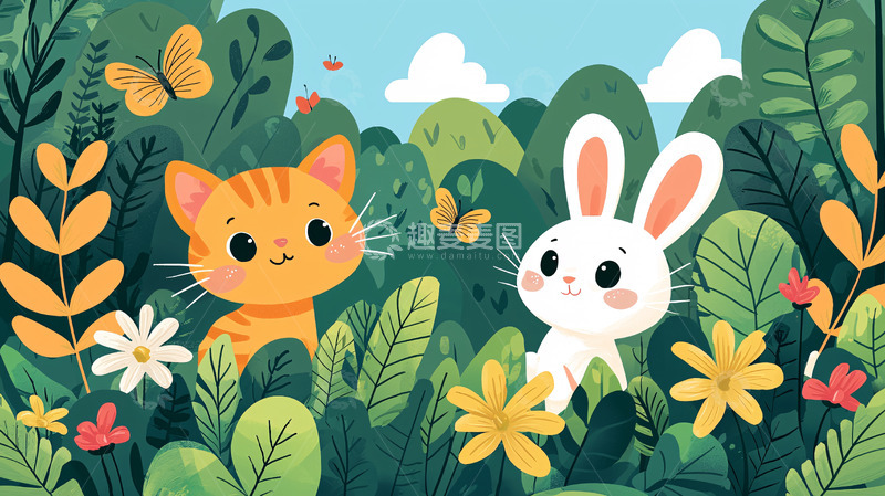 高清大图下载【趣麦麦图】猫咪兔子花丛