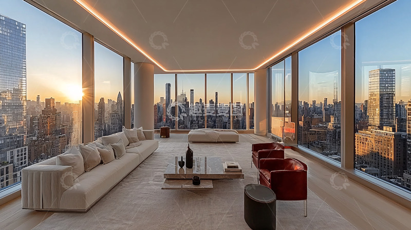 高清大图下载【趣麦麦图】极简风格高层公寓客厅日落景色