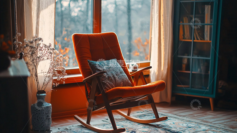 高清大图下载【趣麦麦图】窗边红色摇椅