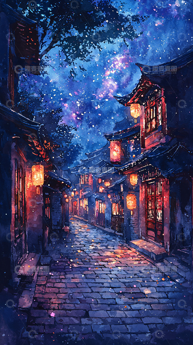 高清大图下载【趣麦麦图】星空下的古镇夜景