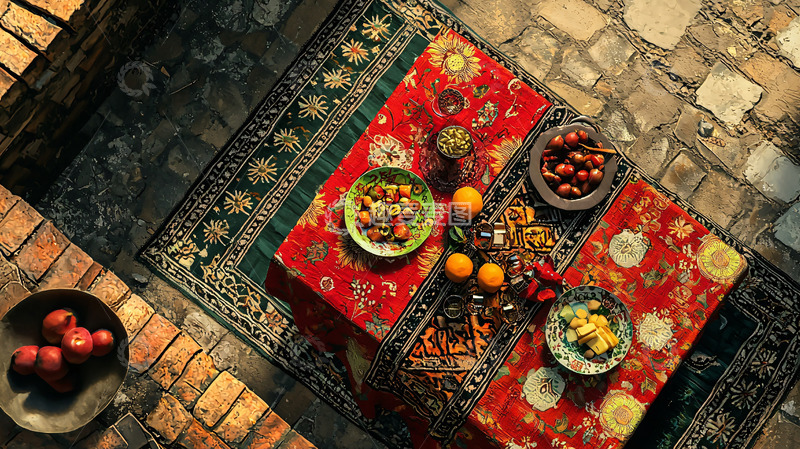 高清大图下载【趣麦麦图】红毯上摆放着水果和碗