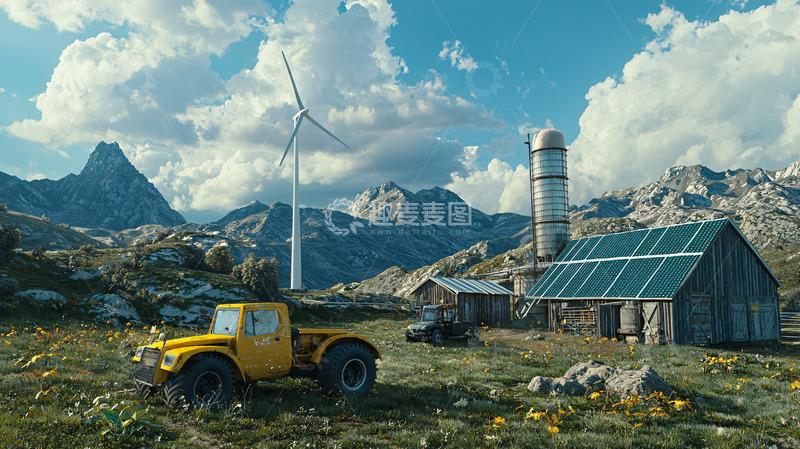 高清大图下载【趣麦麦图】山区农场风力发电站