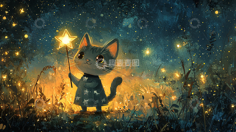 高清大图下载【趣麦麦图】夜晚星空猫咪