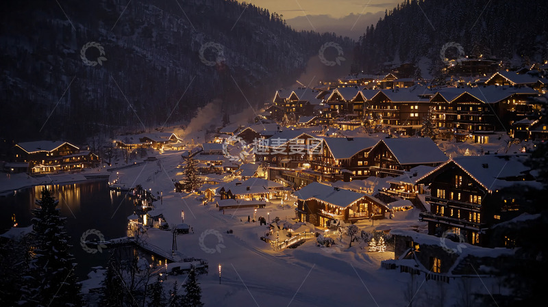 高清大图下载【趣麦麦图】雪山小镇夜景