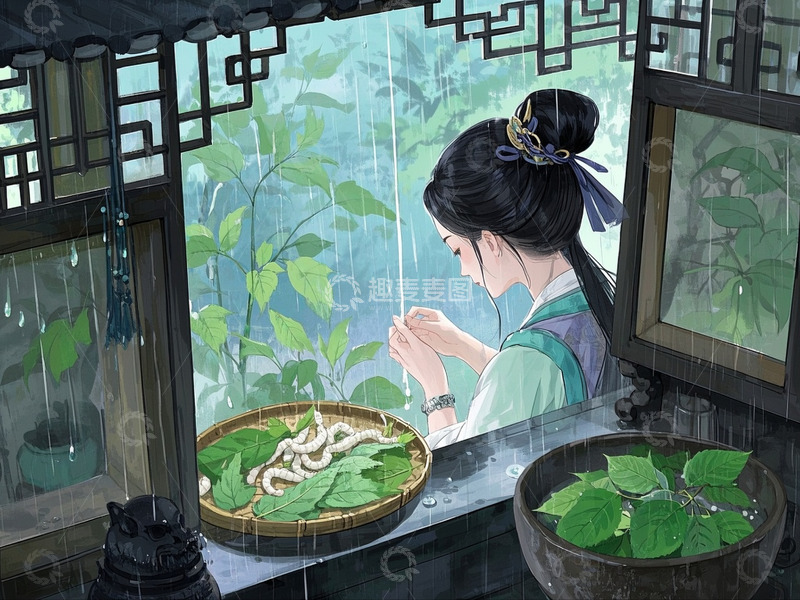 高清大图下载【趣麦麦图】俊美蚕娘倚窗而立