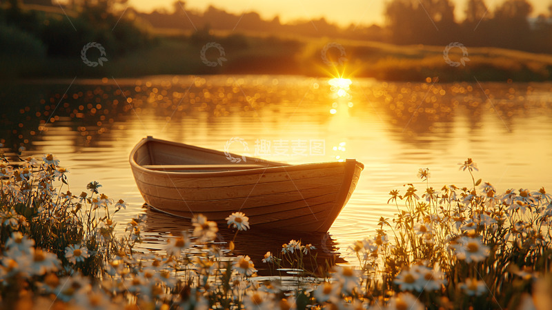高清大图下载【趣麦麦图】夕阳西下小船静止
