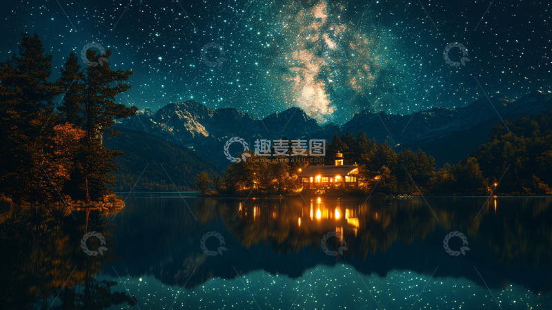 高清大图下载【趣麦麦图】星空下的湖心岛屿