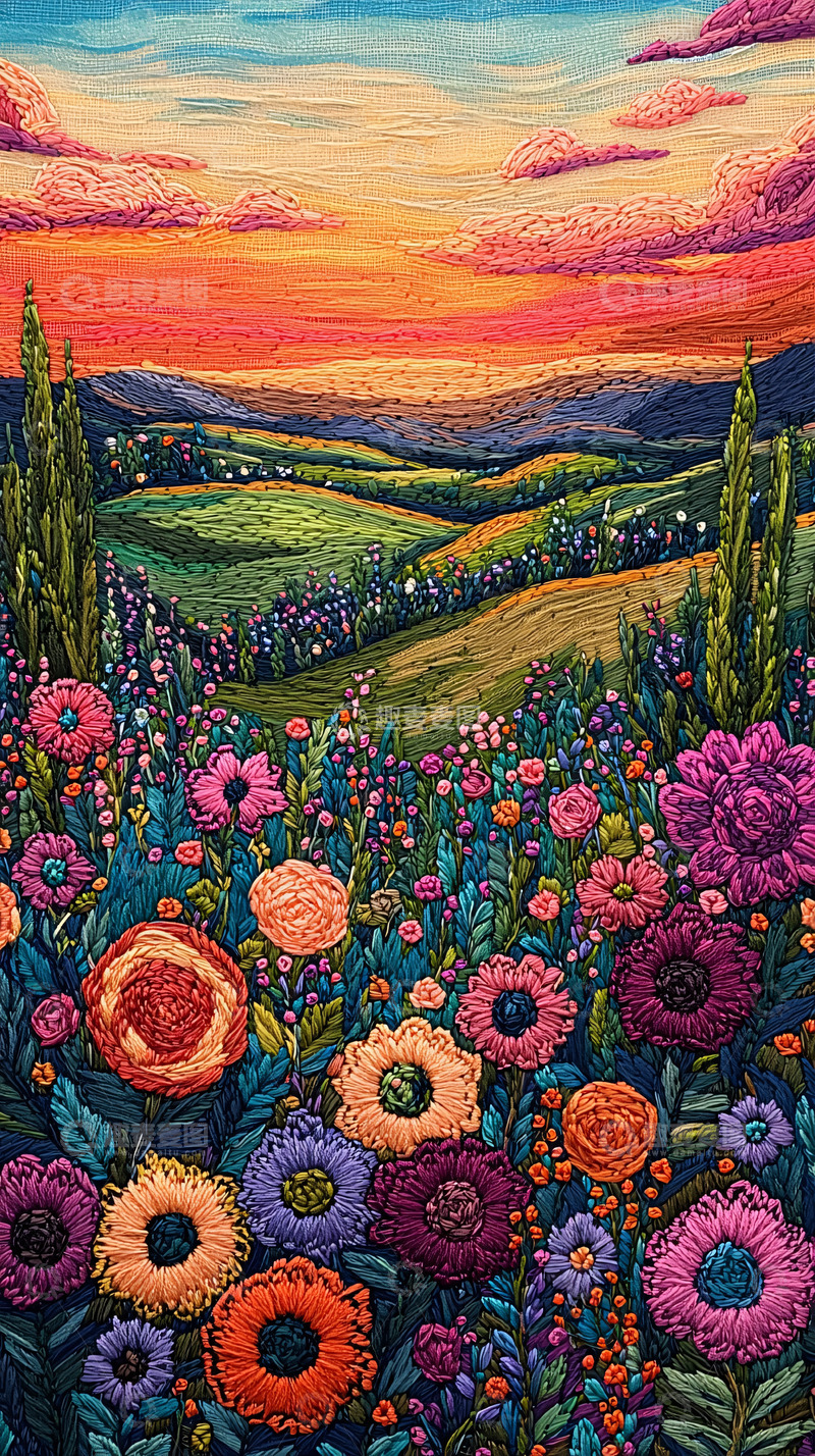 高清大图下载【趣麦麦图】夕阳下的彩色花田