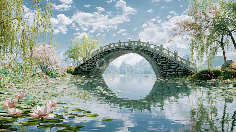 高清大图下载【趣麦麦图】古色古香的桥流水景