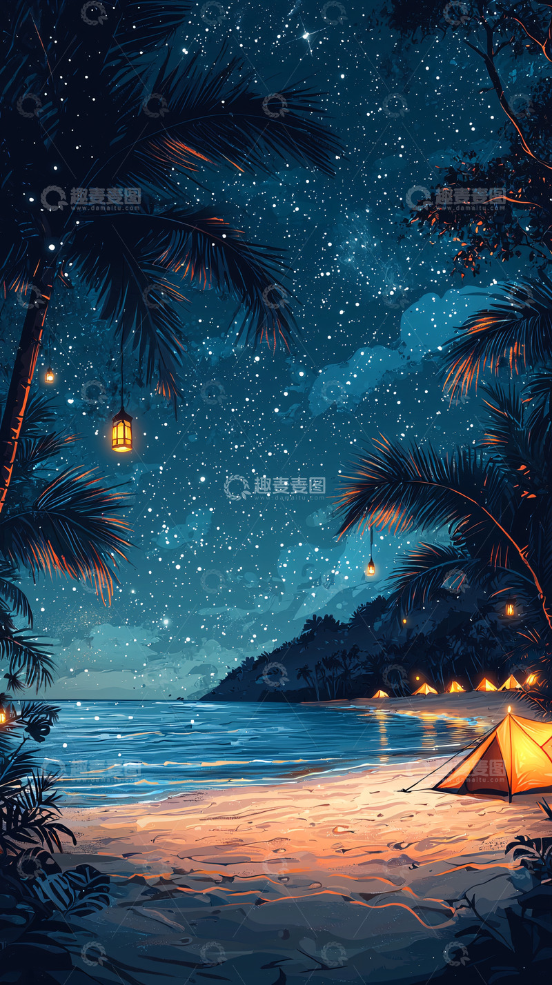 高清大图下载【趣麦麦图】海滩星空夜景帐篷