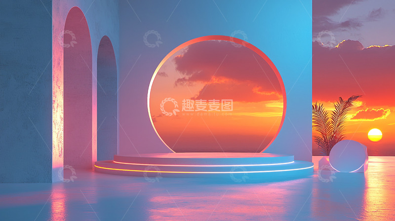 高清大图下载【趣麦麦图】极简风格日落海景展示台