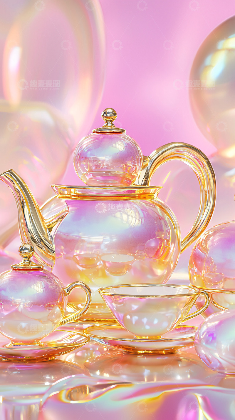 高清大图下载【趣麦麦图】梦幻泡泡粉色茶具