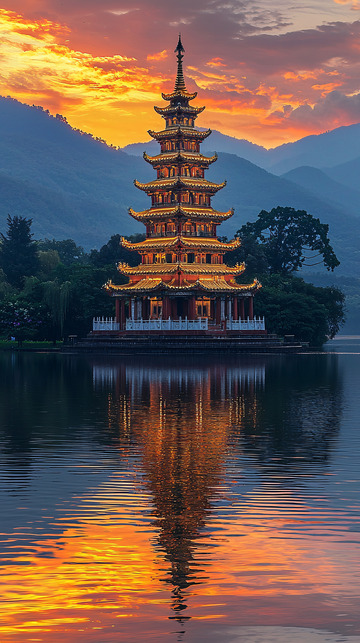 湖边夕阳下的宝塔