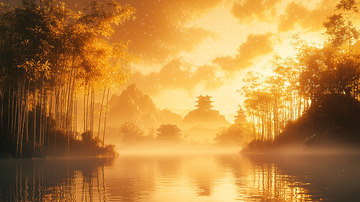 金色湖面山峦剪影