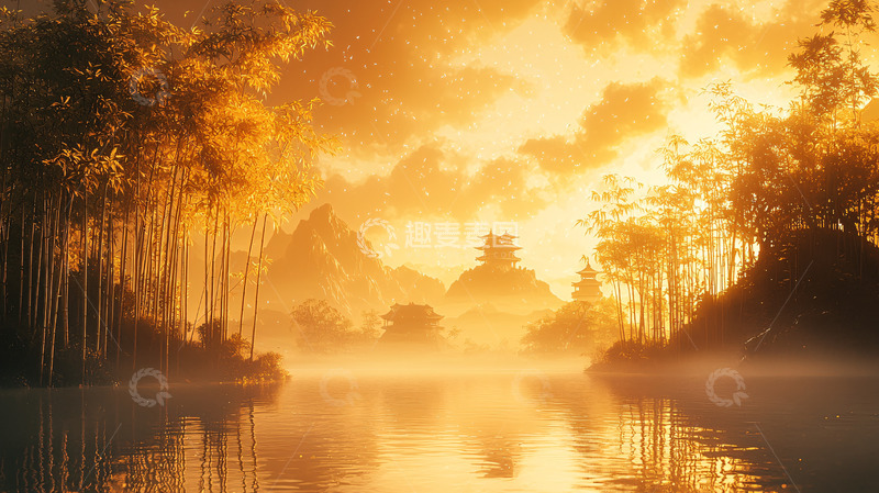 高清大图下载【趣麦麦图】金色湖面山峦剪影