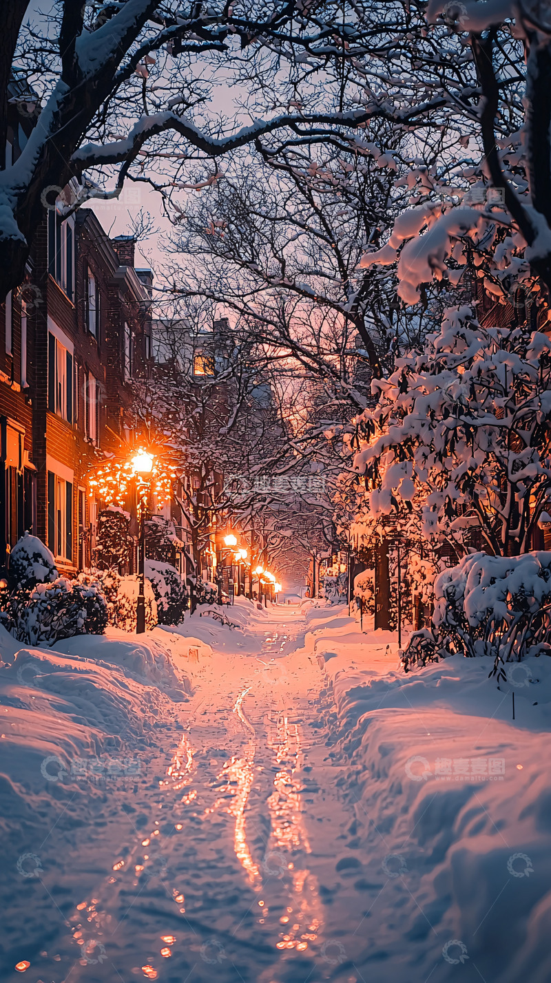 高清大图下载【趣麦麦图】冬夜雪景街道