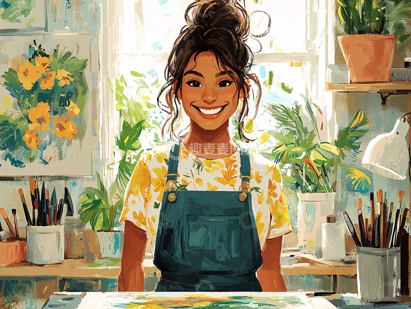 高清大图下载【趣麦麦图】微笑的年轻女艺术家