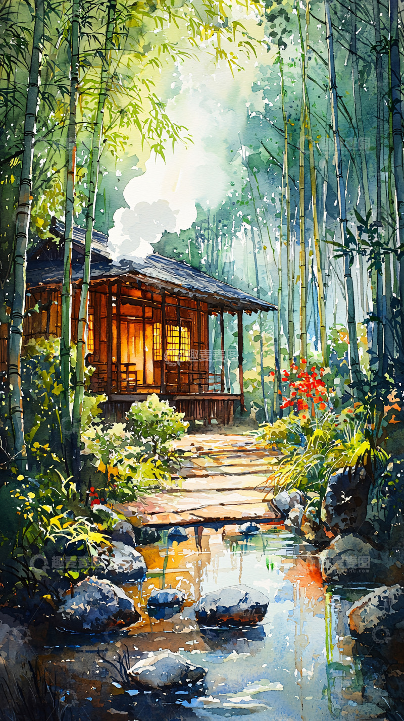 高清大图下载【趣麦麦图】水彩竹林小屋
