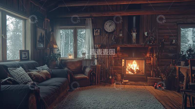 高清大图下载【趣麦麦图】温暖舒适的木屋客厅