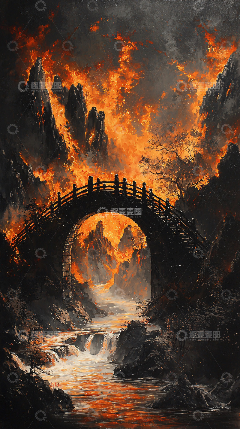 高清大图下载【趣麦麦图】燃烧山峦间的古桥