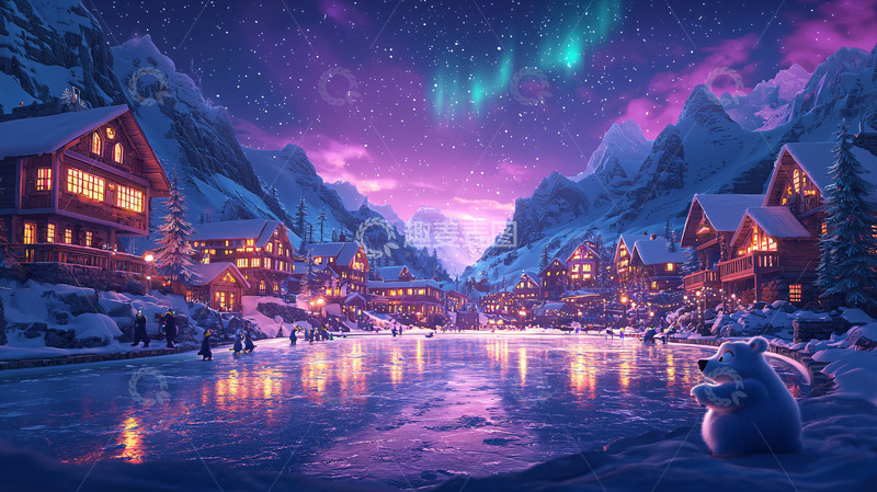 高清大图下载【趣麦麦图】梦幻冬日雪域小镇