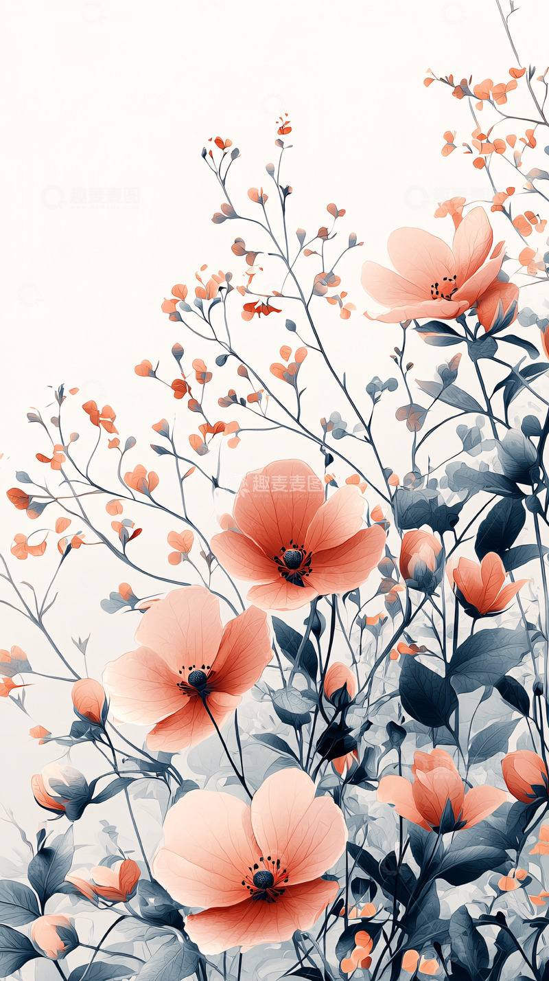 高清大图下载【趣麦麦图】粉色花朵与蓝色枝条交织