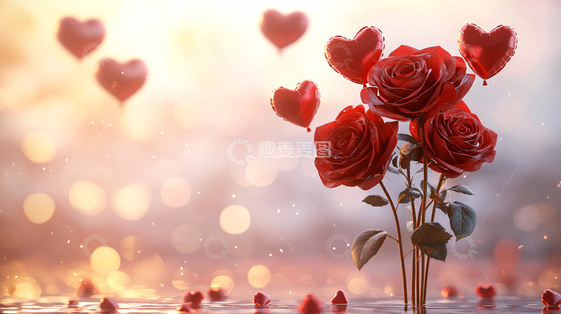 高清大图下载【趣麦麦图】红玫瑰和爱心气球