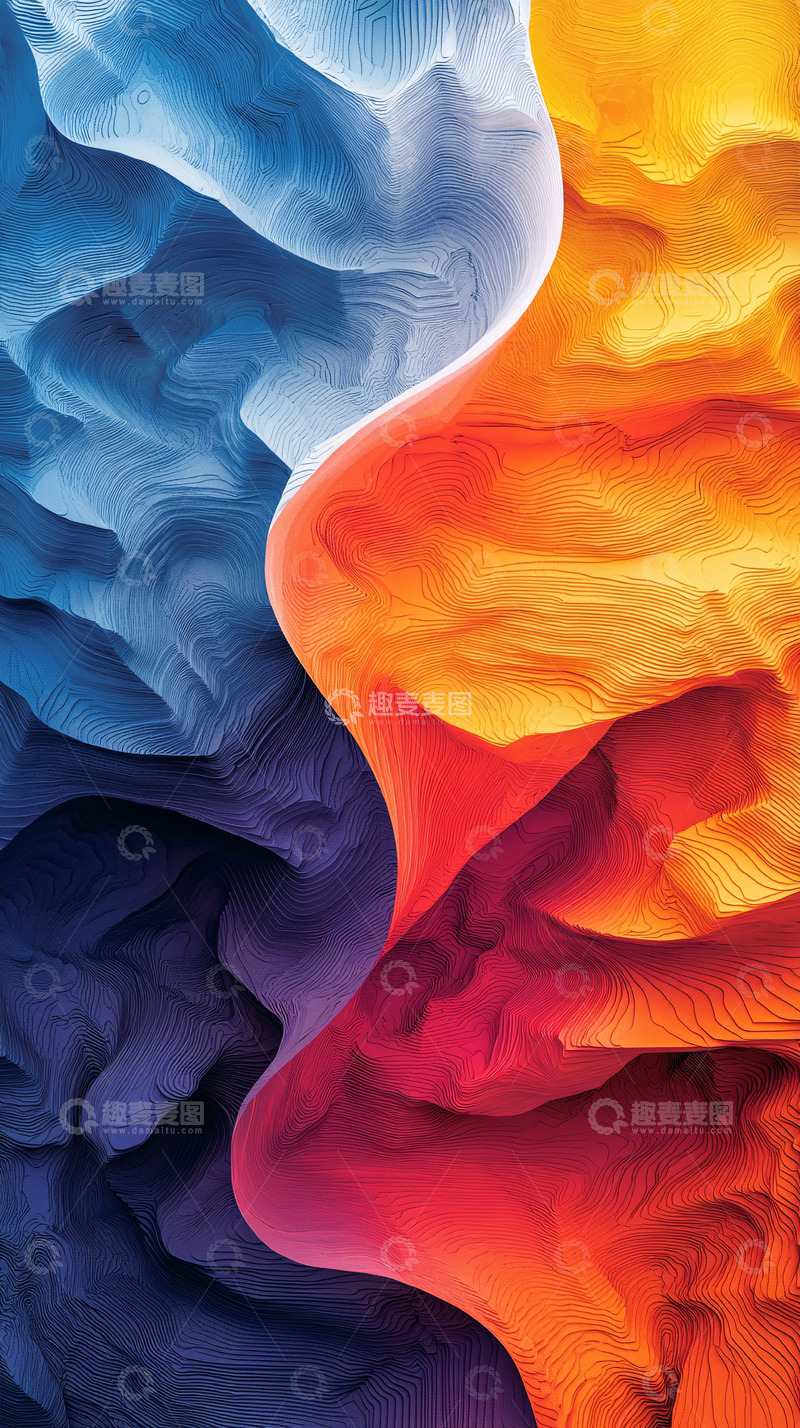 高清大图下载【趣麦麦图】蓝橙交融抽象水墨画