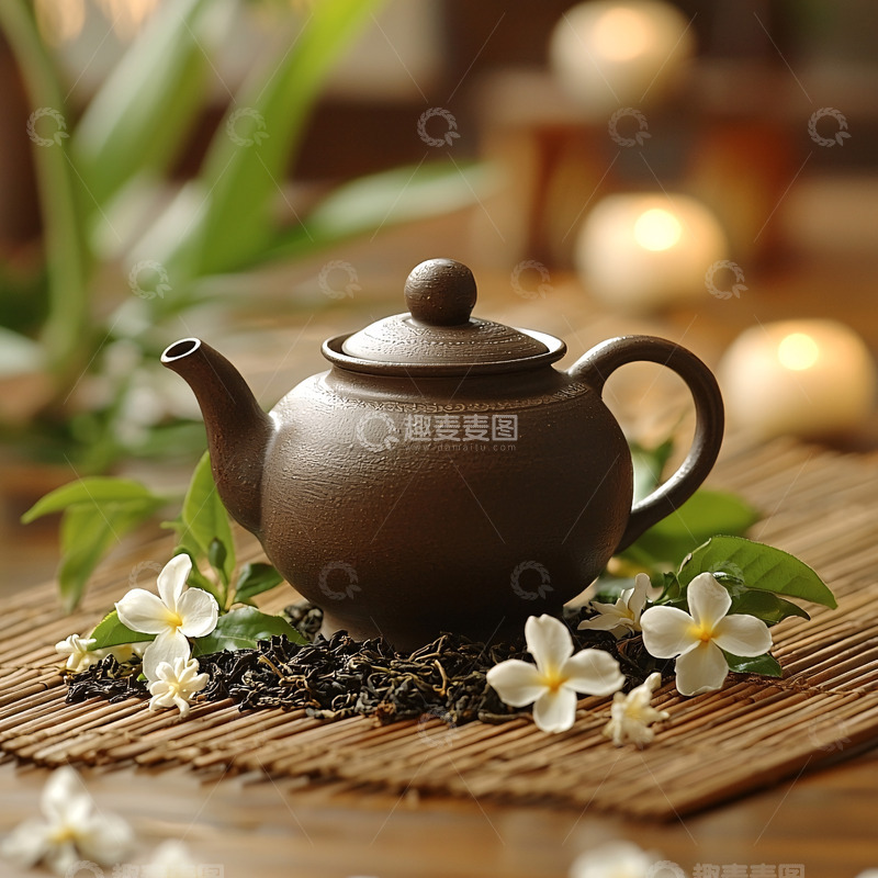 高清大图下载【趣麦麦图】棕色茶壶与茉莉花静物