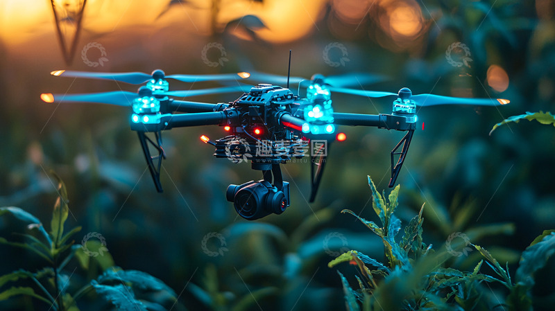 高清大图下载【趣麦麦图】未来感无人机穿梭于绿植